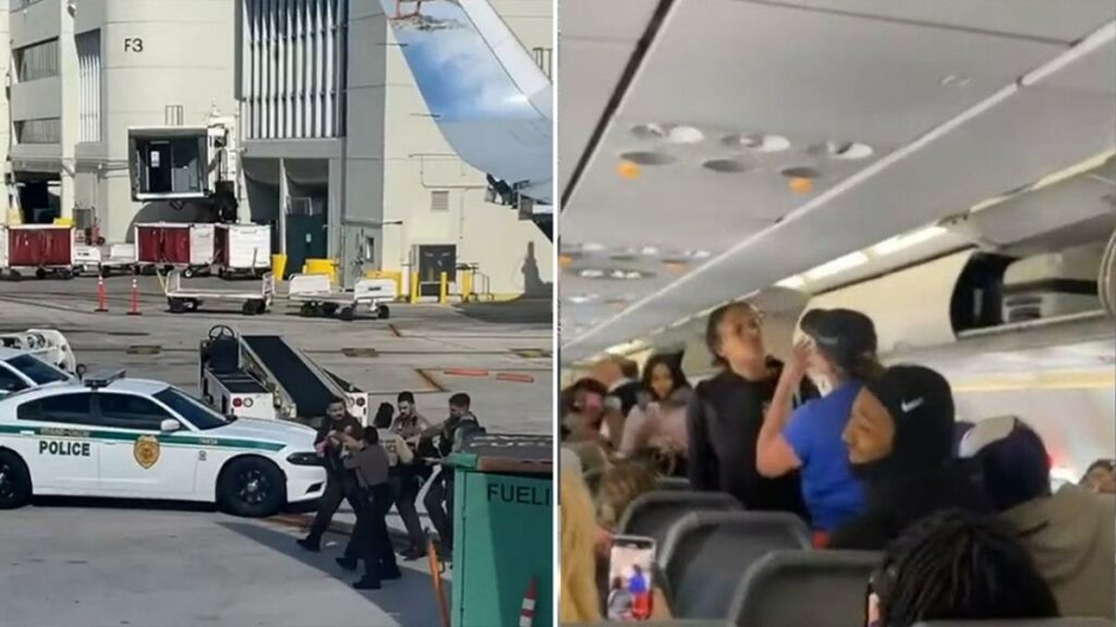 Four cops dragged a Texas woman out of the  Frontier Airlines flight by her limbs after she threatened to attack a fellow passenger, and allegedly kicked, scratched, and biting police officers.