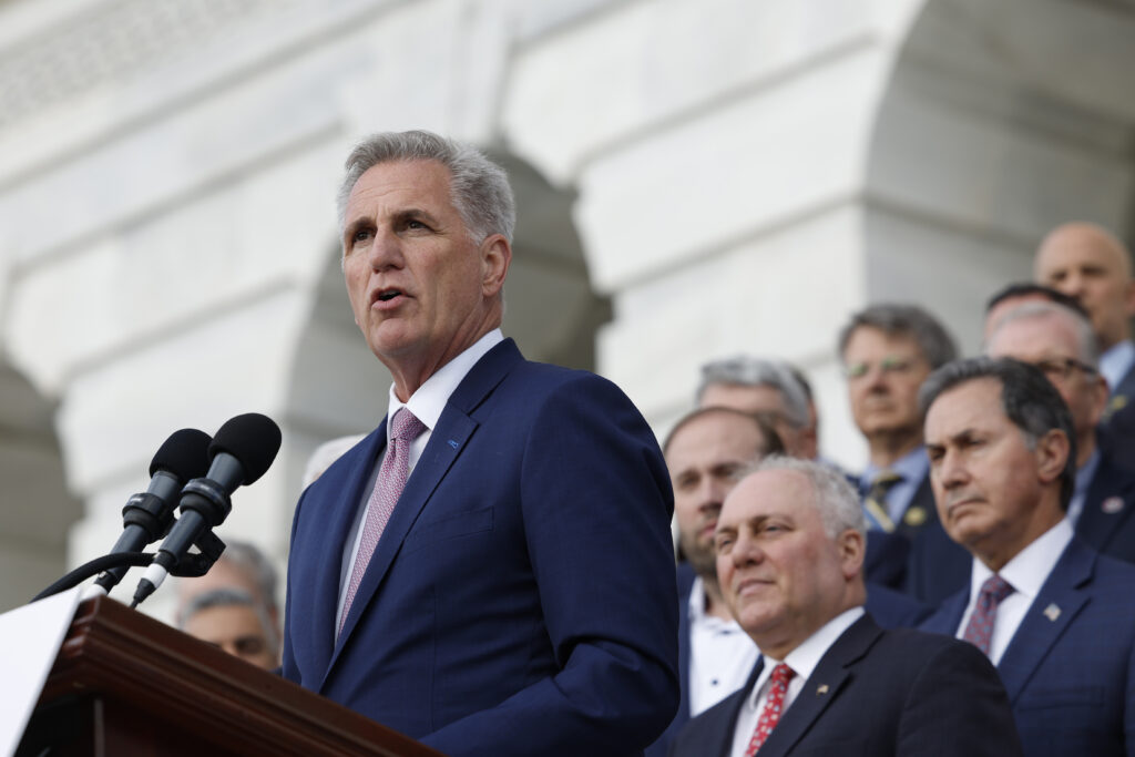 Republican House Speaker Kevin McCarthy appears to the House Republicans to resume his debt ceiling plan.