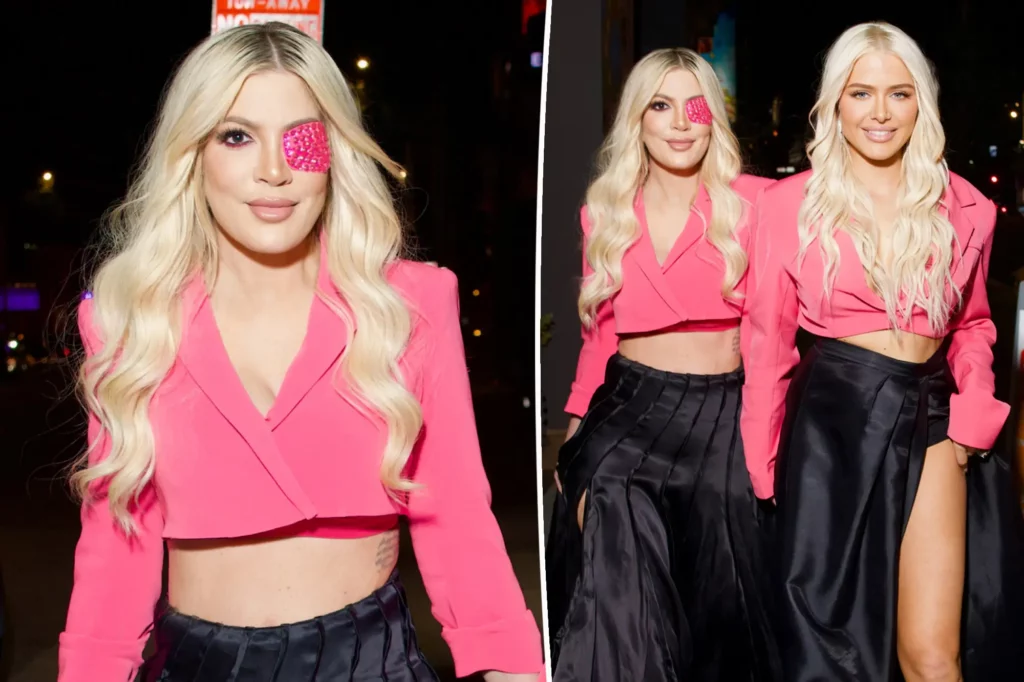 A 49-year-old Tori Spelling stepped out in Los Angeles wearing a matching outfit with Laurett Rugetti and her wearing bedazzled sparking eye patch to accessorize more her outfit.